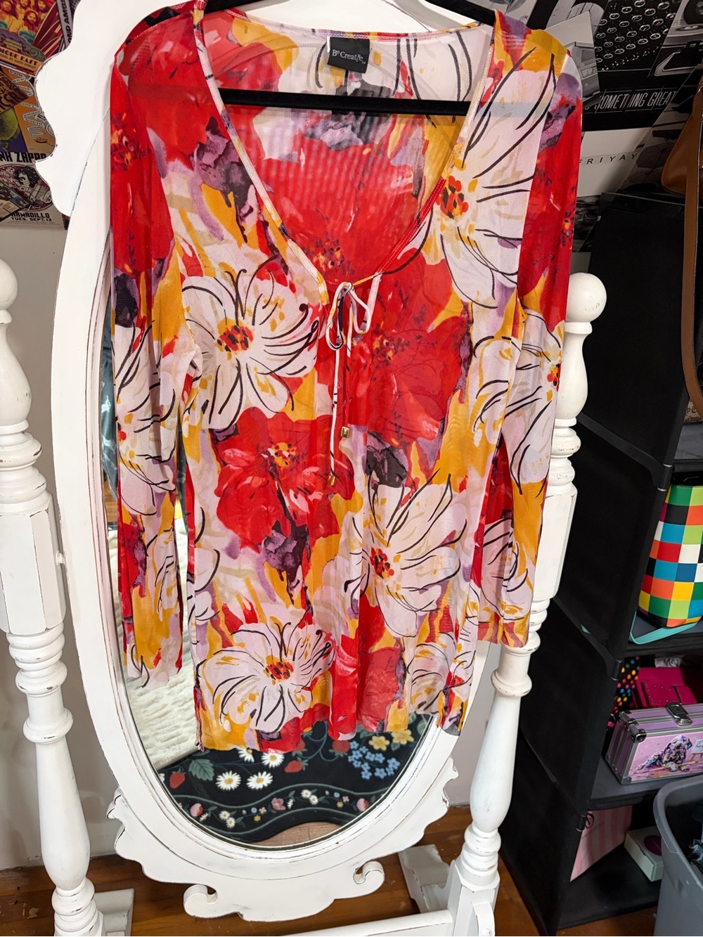 B'Chic Red Multi Floral Tie-Neck Blouse